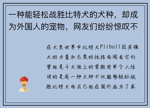 一種能輕松戰(zhàn)勝比特犬的犬種，卻成為外國人的寵物，網(wǎng)友們紛紛驚嘆不已