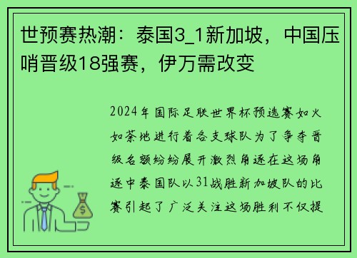 世預(yù)賽熱潮：泰國3_1新加坡，中國壓哨晉級18強(qiáng)賽，伊萬需改變